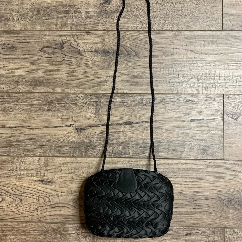 Carla Marchi All Black Satin Ribbon Weave Pattern Formal Mini Purse